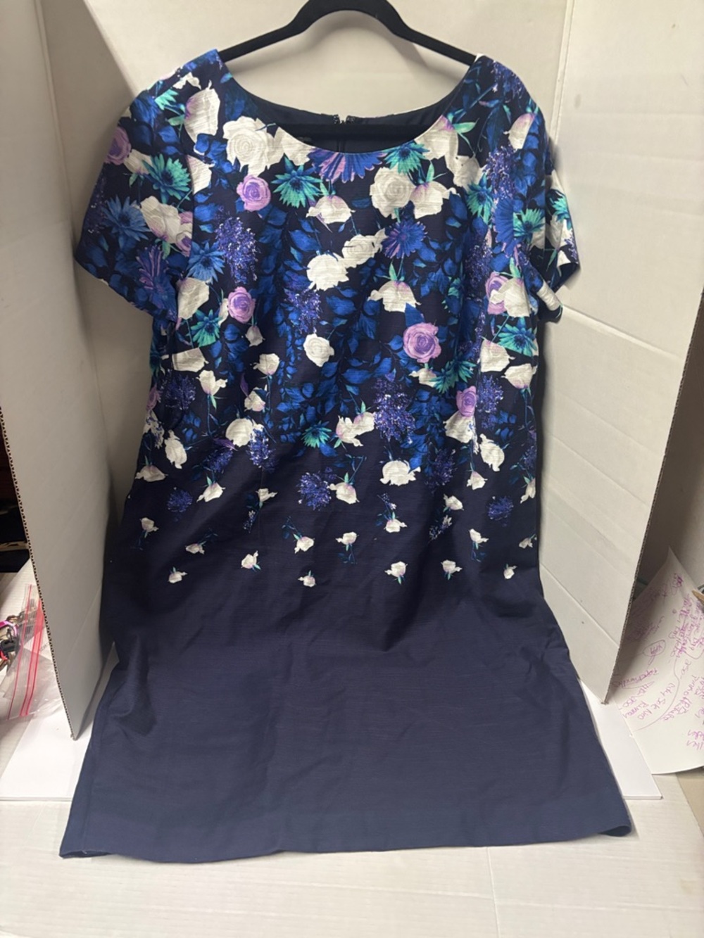 Talbots Navy Floral Shift Dress with Purple & Teal Blooms